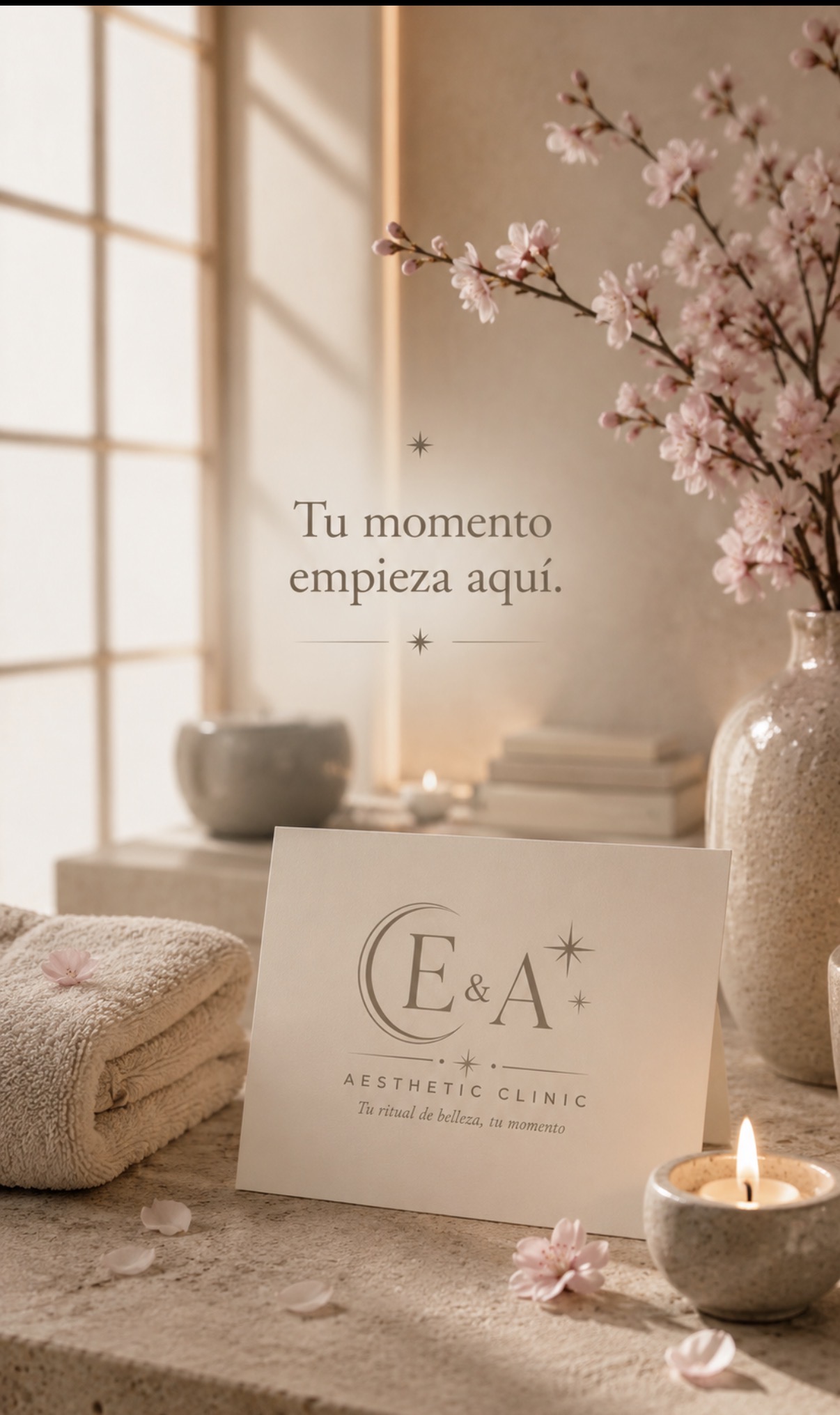 Ambiente cálido de E&A Aesthetic Clinic con flores de cerezo, velas y el logotipo oficial